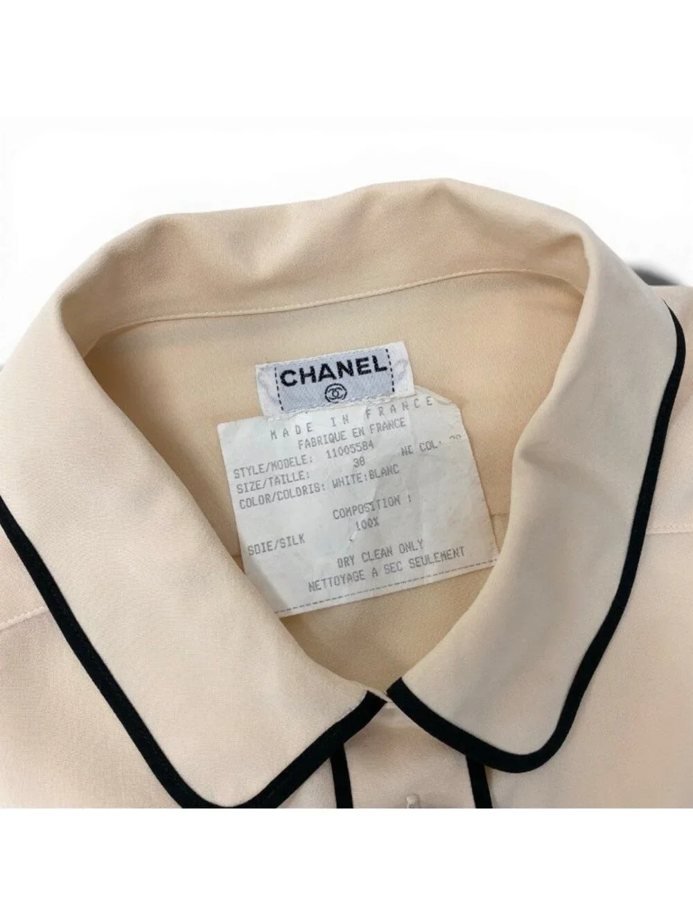 Chanel Long Sleeve Shirt CC Logo Button 38 Ivory Black Silk 100%